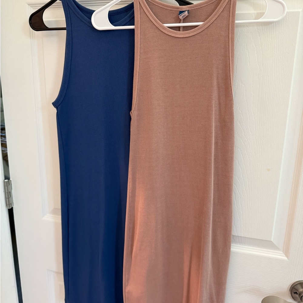 Blue and  tan Sleeveless Dresses
